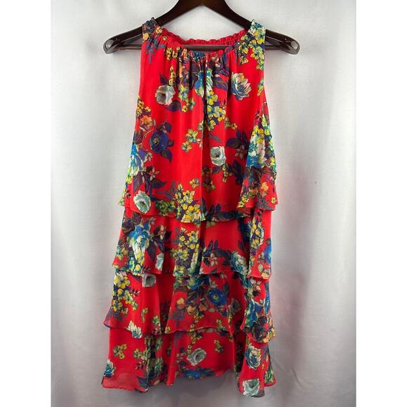 Chetta B Dresses & Skirts - Women’s Chetta B Size 10 Bright Orange Halter Midi Dress w/ Blue Florals